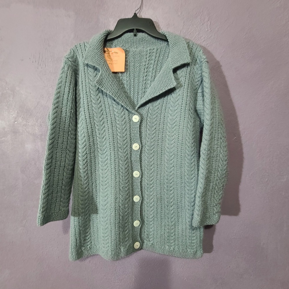Hand Knit Llama Wool Women's Cardigan Sweater Cable Knit Shawl Collar Button L